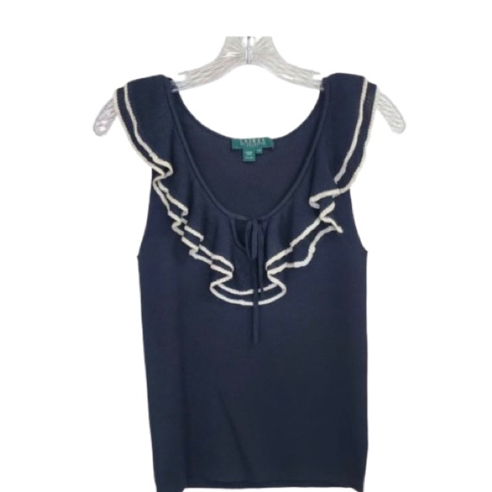 Lauren Ralph Lauren Black Ribbed Silk Ruffle Trim Sleeveless Top Size Large